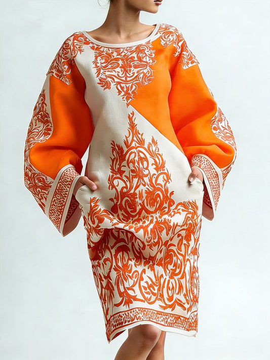 Long Sleeves Loose Contrast Color Flower Print Pockets Round-neck Mini Dresses