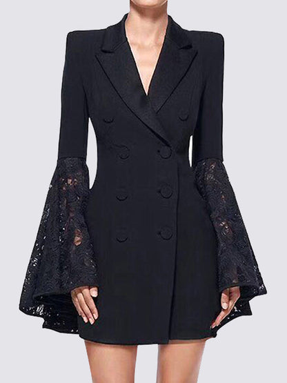 Flared Sleeves Long Sleeves Asymmetric Buttoned Solid Color Split-Joint Notched Collar Blazer Outerwear