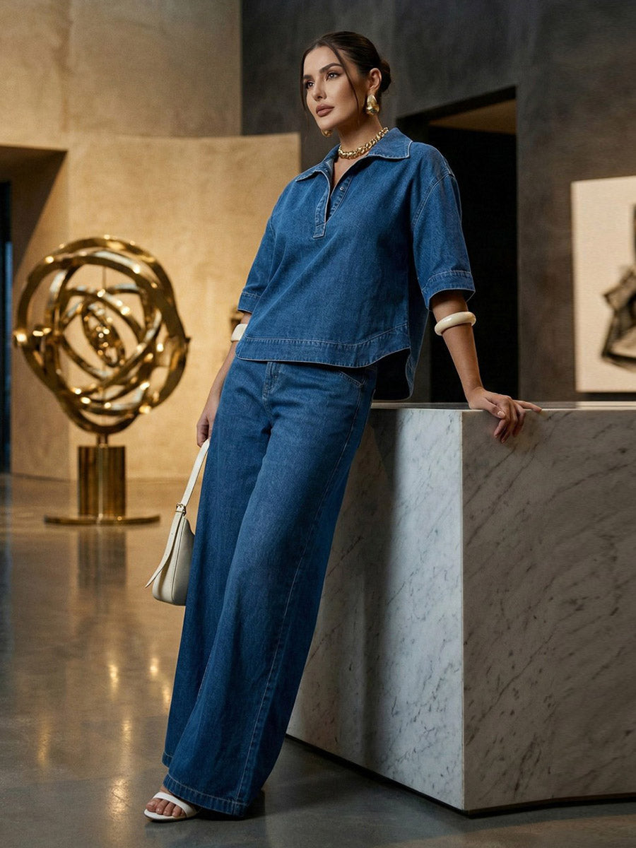 Half Sleeves Loose Buttoned Solid Color Split-Joint Lapel Blouses&shirts Tops