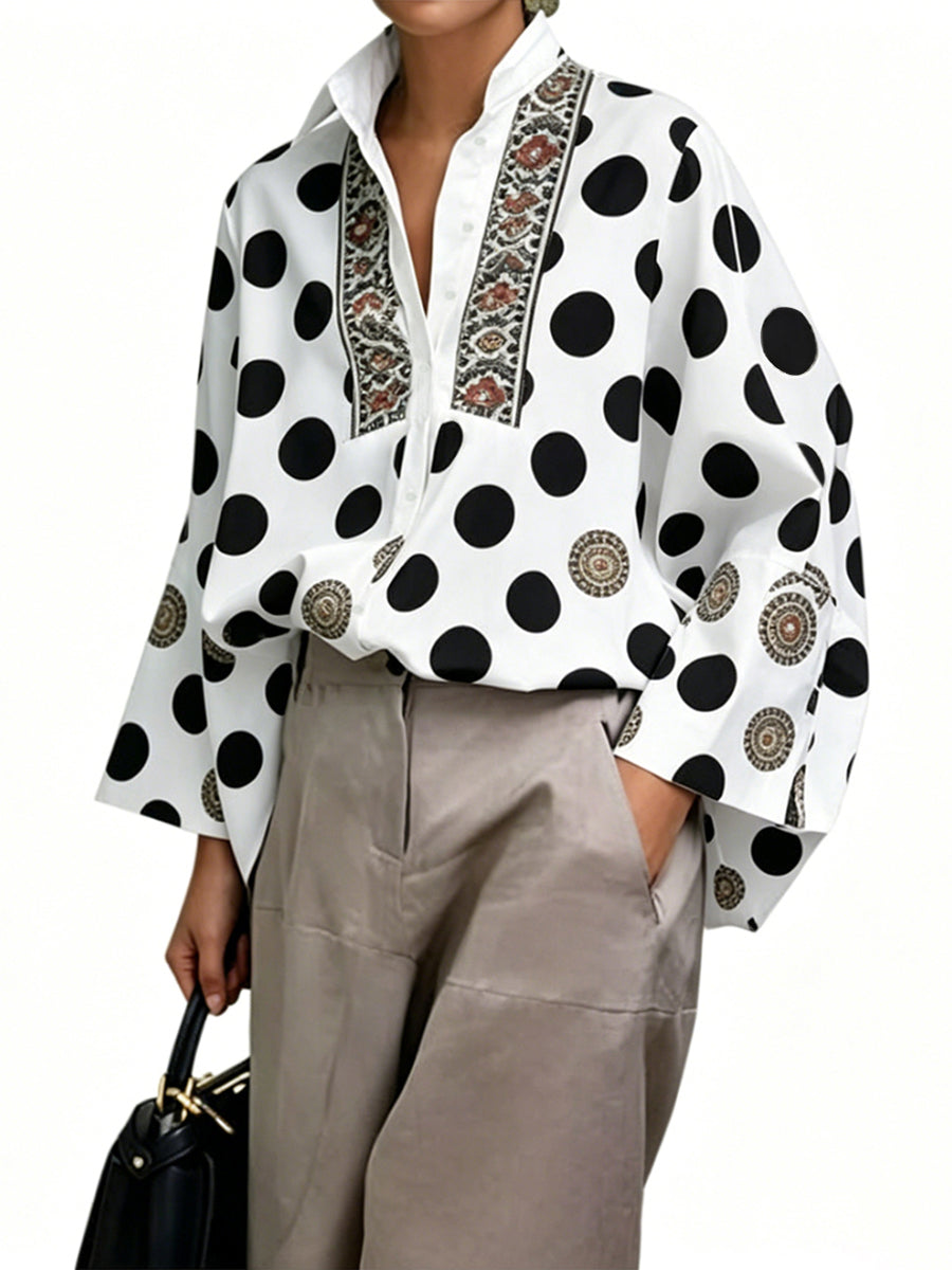 Long Sleeves Loose Buttoned Polka Dot Printed V-Neck Blouses&Shirts Tops