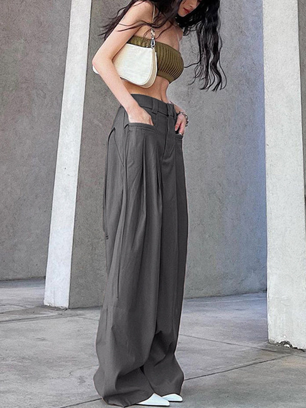 High Waisted Loose Pleated Solid Color Split-Joint Streamer Pants Trousers