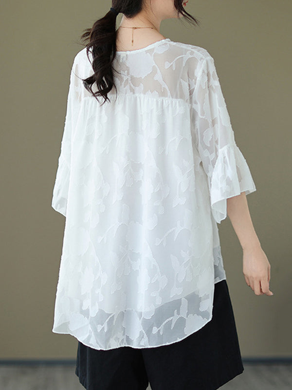 Loose Short Sleeves Falbala Pleated See-Through Split-Joint Round-Neck T-Shirts