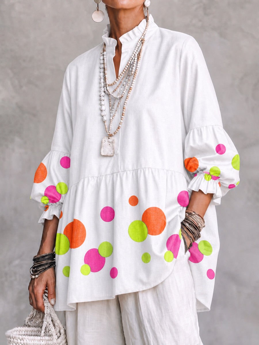 Split-Joint Ruffle Trim Polka-Dot Contrast Color Buttoned Three-quarter Sleeves Puff Sleeves Mock Neck Blouses&shirts Tops