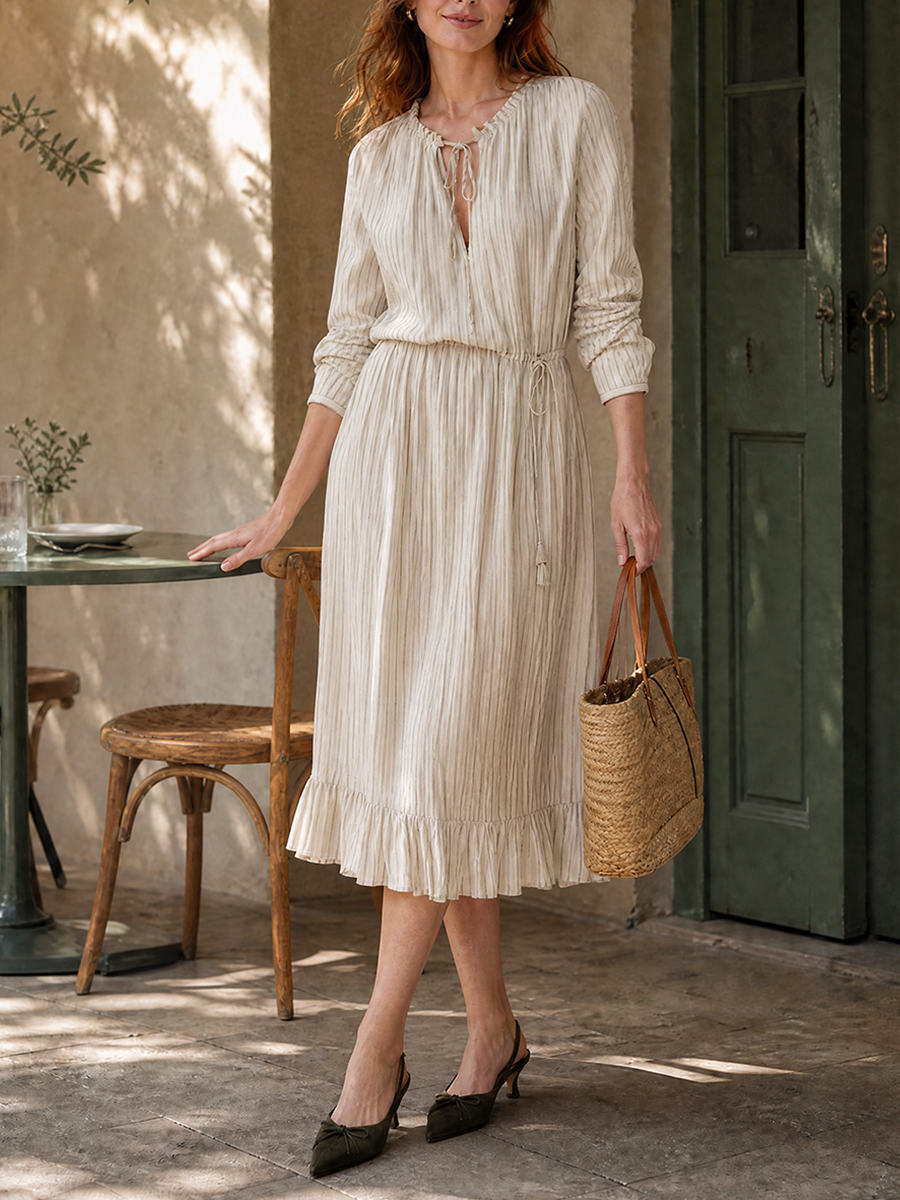 Tied Striped Split-Joint Ruffle Trim Pockets Three-quarter Sleeves Loose V-neck Blouses&shirts Tops
