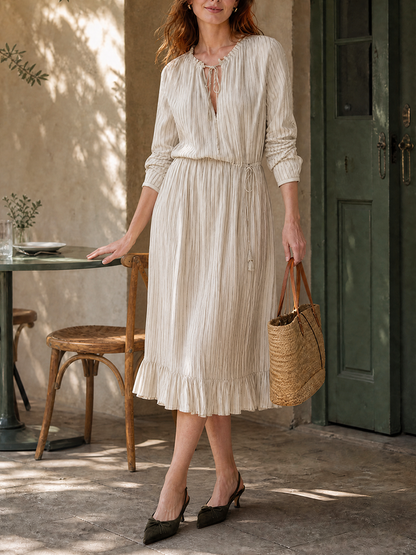 Tied Striped Split-Joint Ruffle Trim Pockets Three-quarter Sleeves Loose V-neck Blouses&shirts Tops