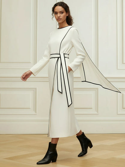 Long Sleeves Minimalist Belted Comfort Contrast Color Round-Neck Midi Dresses