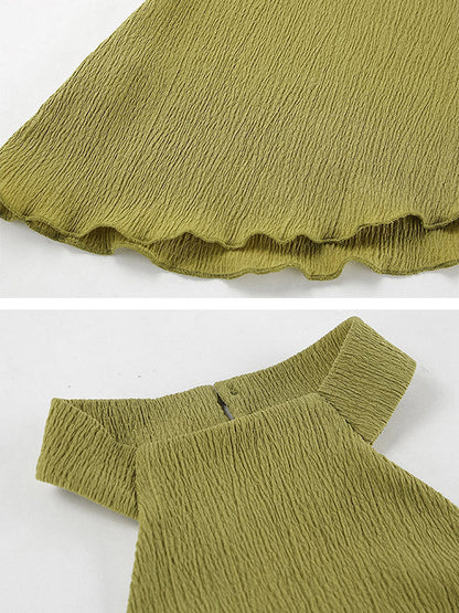 Solid Color Pleated Sleeveless Asymmetric High Neck Vest + Wide Leg Pants Two Pieces Set