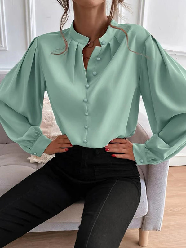 Loose Puff Sleeves Pleated Solid Color Split-Joint Stand Collar Blouses