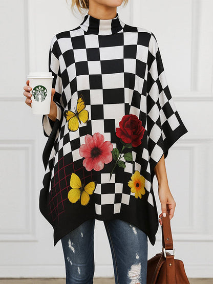 Loose Three-Quarter Sleeves Flower Print Plaid Mock Neck Blouses&Shirts Tops