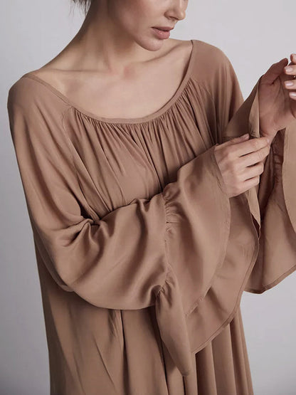 A-Line Flared Sleeves Pleated Solid Color Split-Joint Round-Neck Maxi Dresses