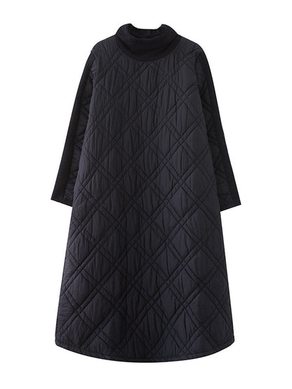 Simple Split-Joint High-Neck H-Line Quilted Midi Dress