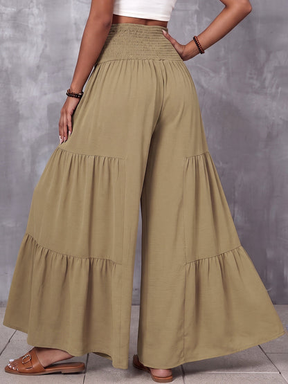 High Waisted Loose Elasticity Solid Color Split-Joint Tied Waist Pants Trousers
