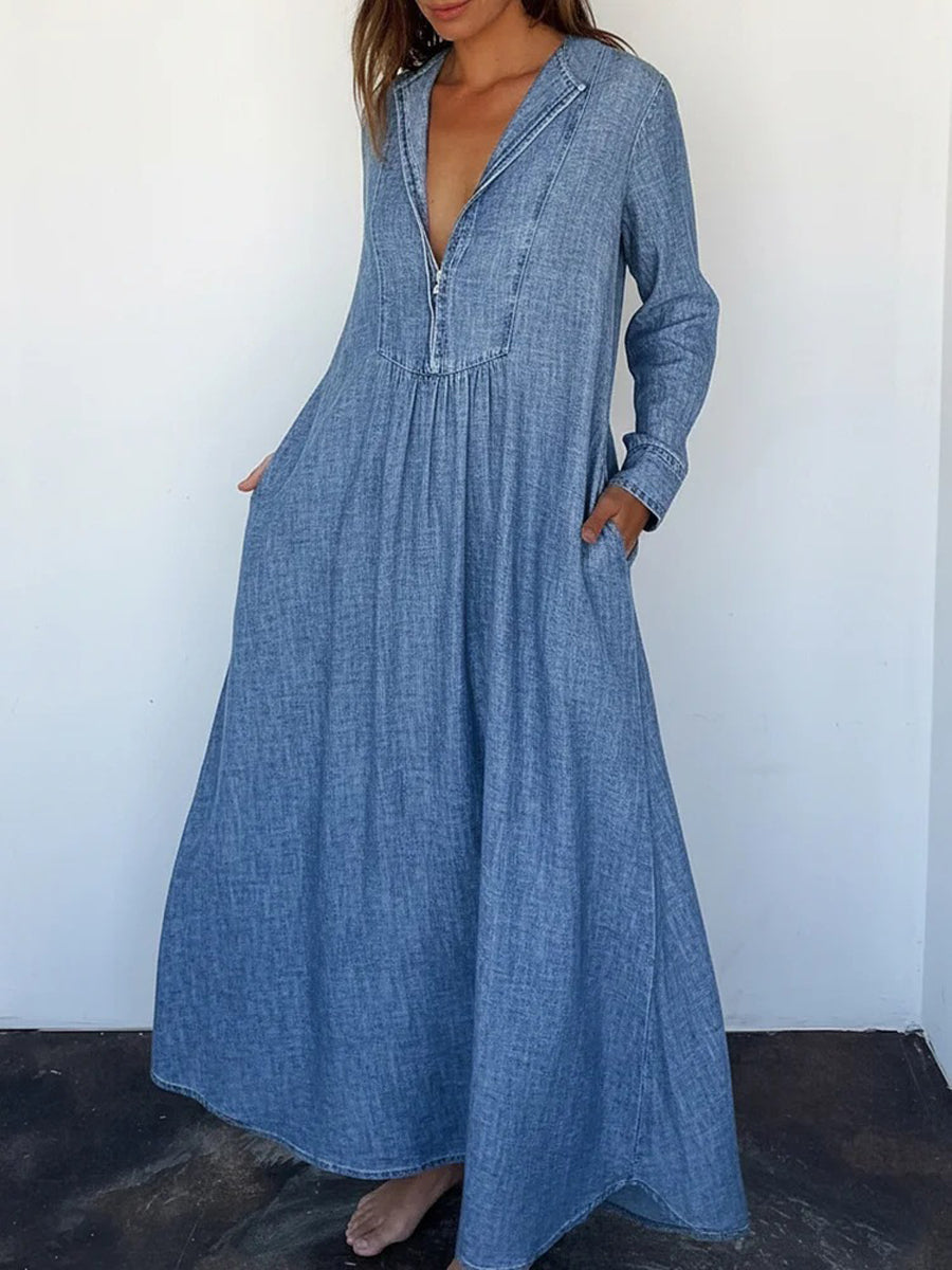 A-Line Long Sleeves Pleated Pockets Zipper V-Neck Maxi Dresses