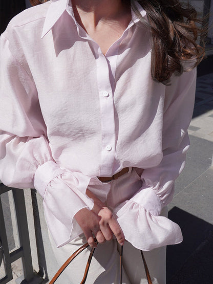 Loose Puff Sleeves Pleated Solid Color Split-Joint Lapel Blouses&Shirts Tops