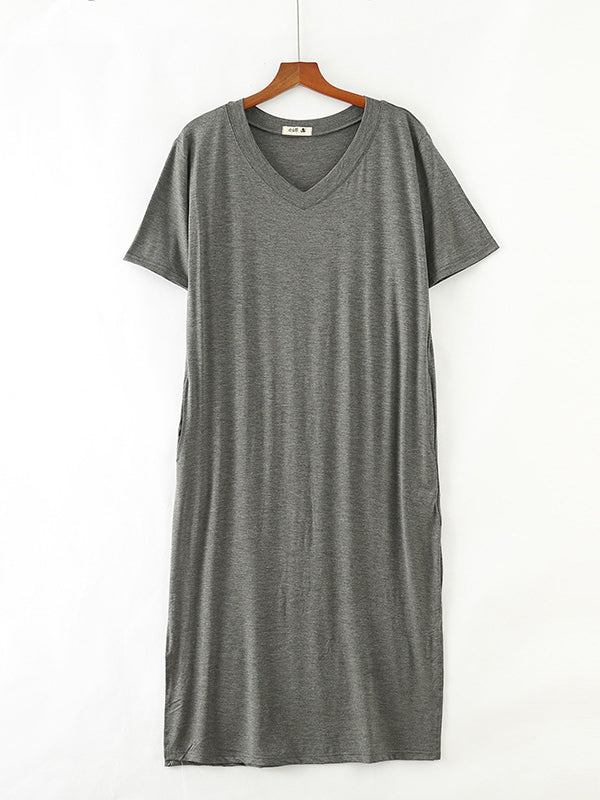 Simple Short Sleeves Loose Split-Side Solid Color V-Neck Pajamas Dress