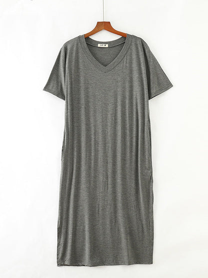 Simple Short Sleeves Loose Split-Side Solid Color V-Neck Pajamas Dress