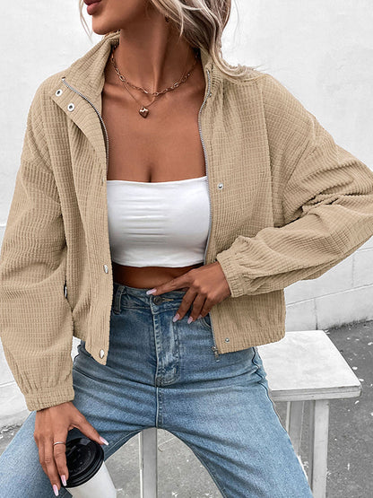 Long Sleeves Loose Buttoned Solid Color Zipper Lapel Jackets