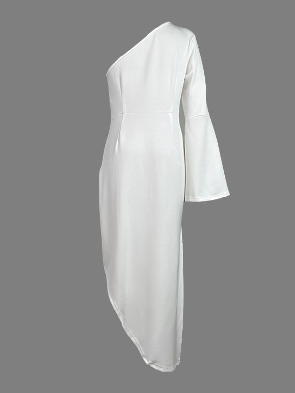 Robe longue asymétrique à manches longues et col asymétrique, couleur unie 