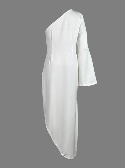 Robe longue asymétrique à manches longues et col asymétrique, couleur unie 