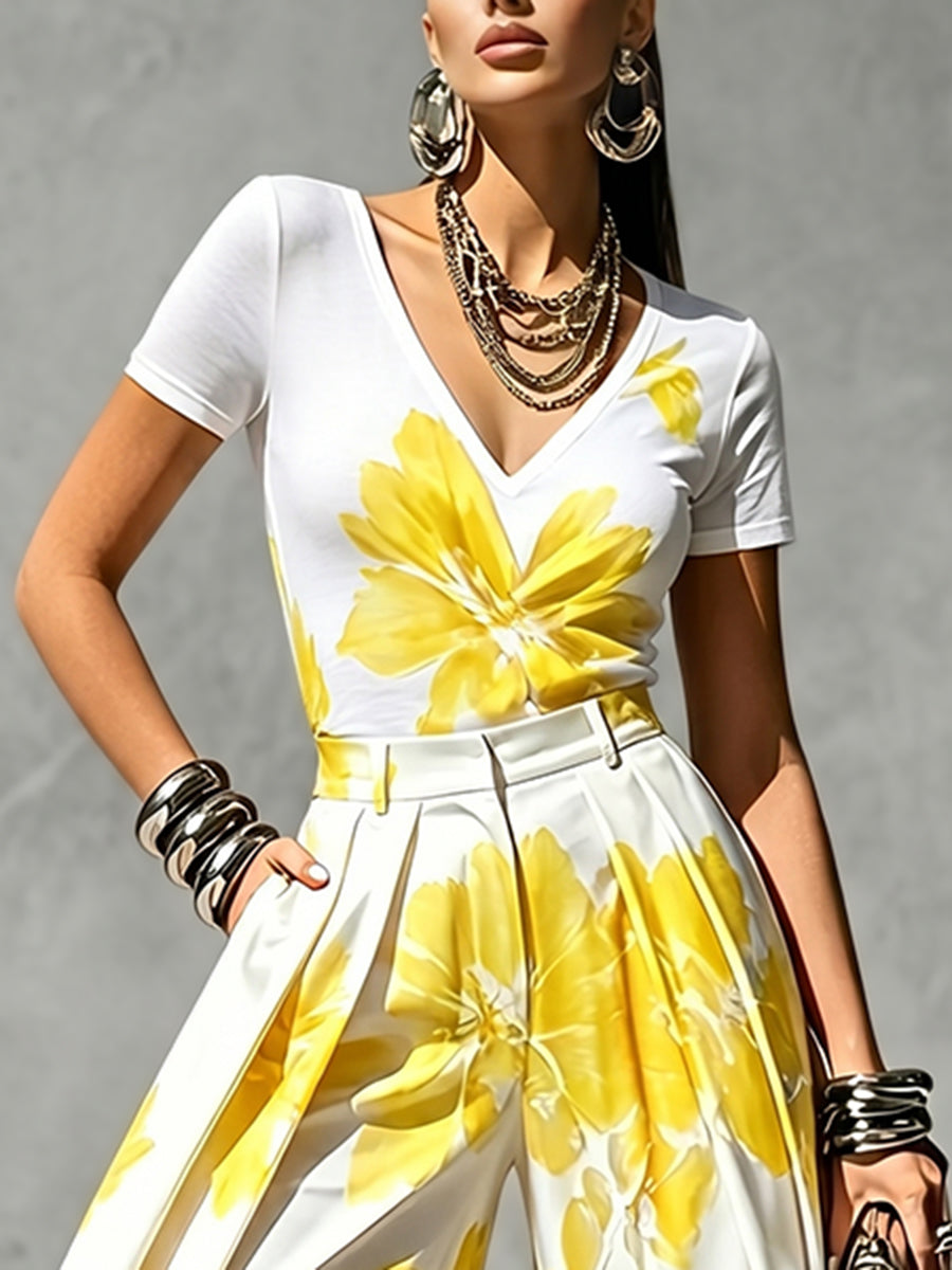 Short Sleeves Flower Print V-Neck T-Shirts Tops