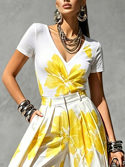 Short Sleeves Flower Print V-Neck T-Shirts Tops