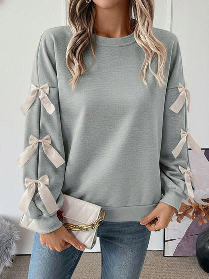 Split-Joint Contrast Color Bow-Embellished Loose Long Sleeves Round-Neck Sweatshirt Tops