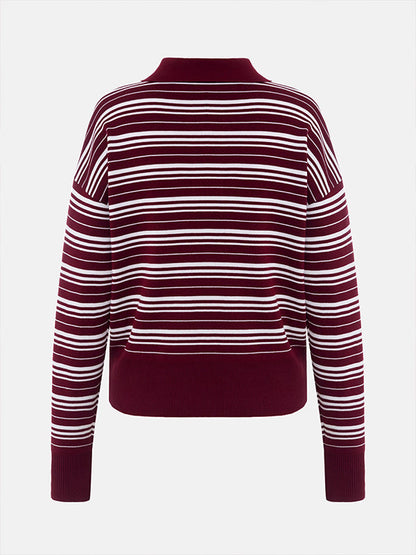 Long Sleeves Split-Joint Striped Lapel Sweater Tops
