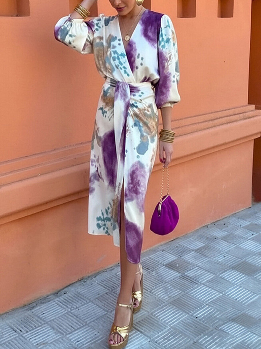 Split-side Split-Joint Pleated Contrast Color Puff Sleeves Plus Size V-neck Two Pieces Set Skirts Bottoms Blouses&shirts Tops
