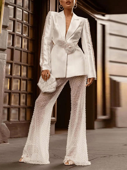 Long Sleeves Loose Backless Beaded Three-Dimensional Flower Deep V-Neck Blazer Outerwear