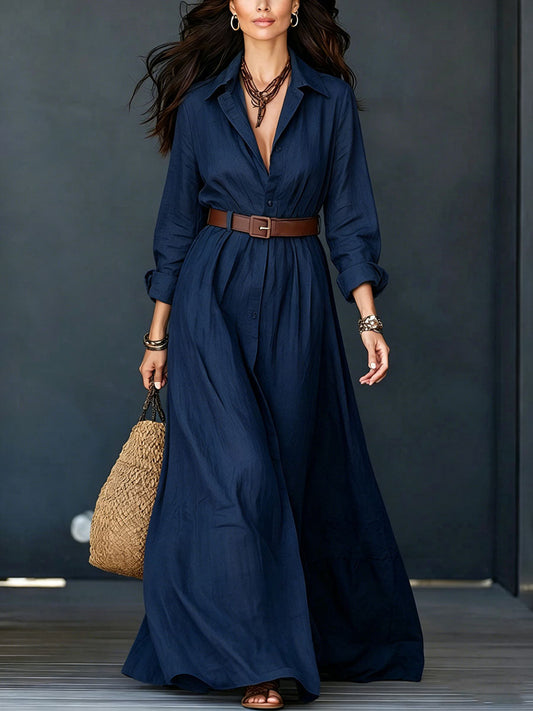 Solid Color Buttoned Big Hemline Belt Buckle Plus Size Loose Lapel Shirt Dress Maxi Dresses