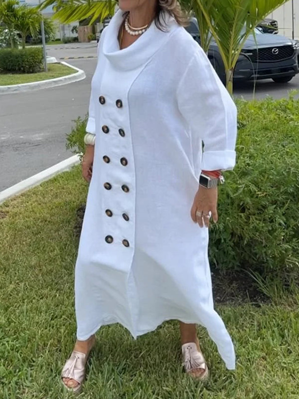 Long Sleeves Loose Buttoned Solid Color Stand Collar Maxi Dresses