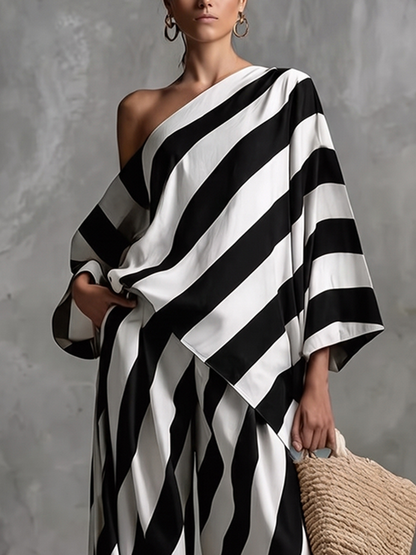 Striped Contrast Color Backless Asymmetric Three-quarter Sleeves Loose One-shoulder Blouses&shirts Tops