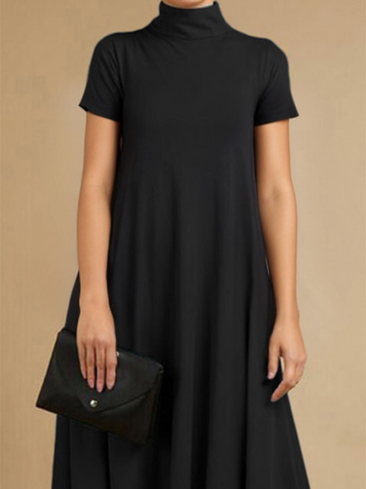 Loose Short Sleeves Solid Color Stand Collar Maxi Dresses