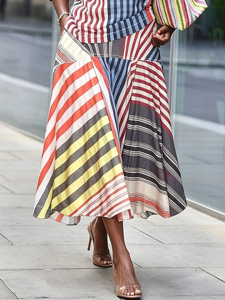 Striped Split-Joint Pockets Loose A-line Skirts Bottoms