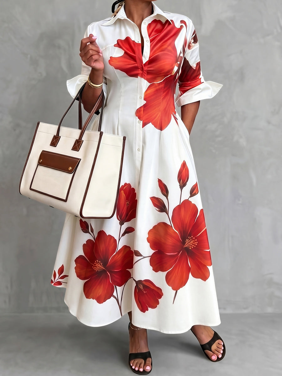 A-Line High Waisted Buttoned Flower Print Pockets Lapel Maxi Dresses