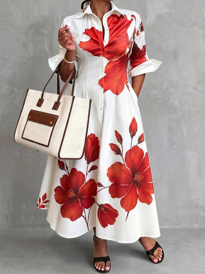 A-Line High Waisted Buttoned Flower Print Pockets Lapel Maxi Dresses