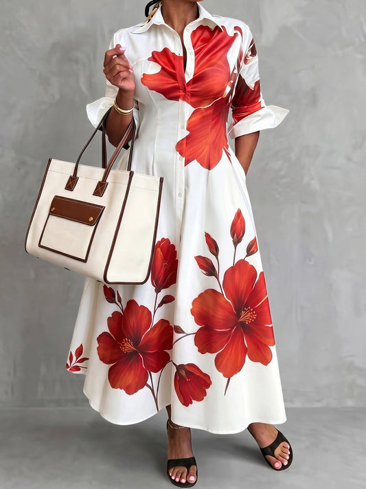 A-Line High Waisted Buttoned Flower Print Pockets Lapel Maxi Dresses