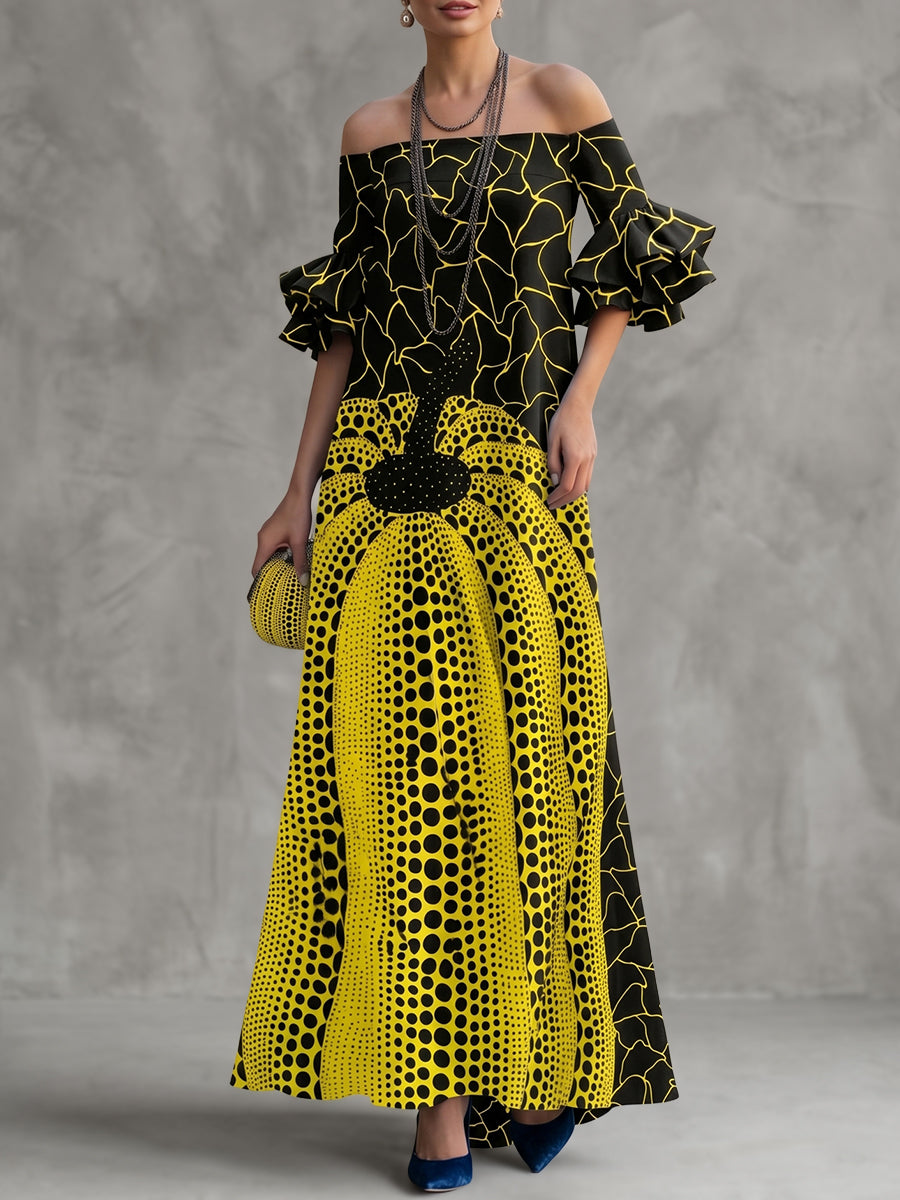 Flared Sleeves Half Sleeves Contrast Color Off-The-Shoulder Maxi Dresses