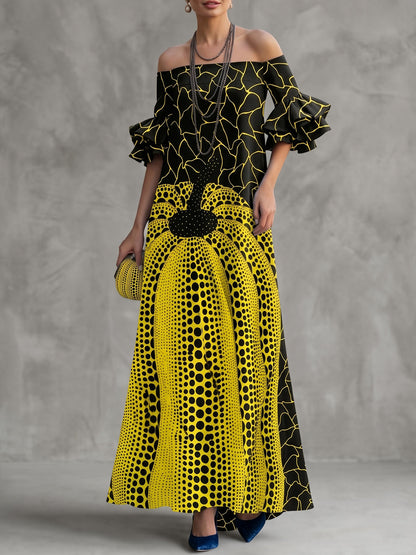 Flared Sleeves Half Sleeves Contrast Color Off-The-Shoulder Maxi Dresses