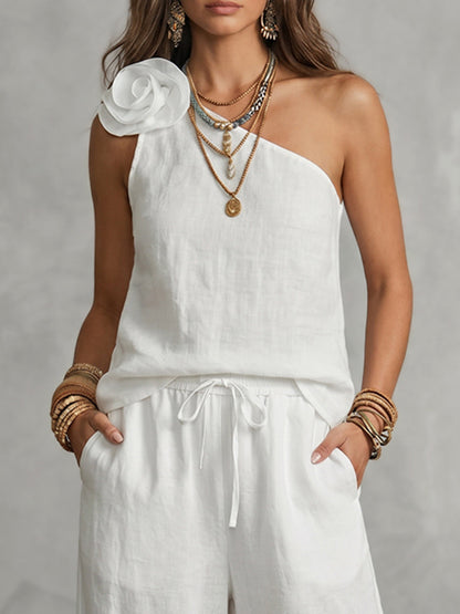 Loose Sleeveless Solid Color Three-Dimensional Flower One-Shoulder Tank Top