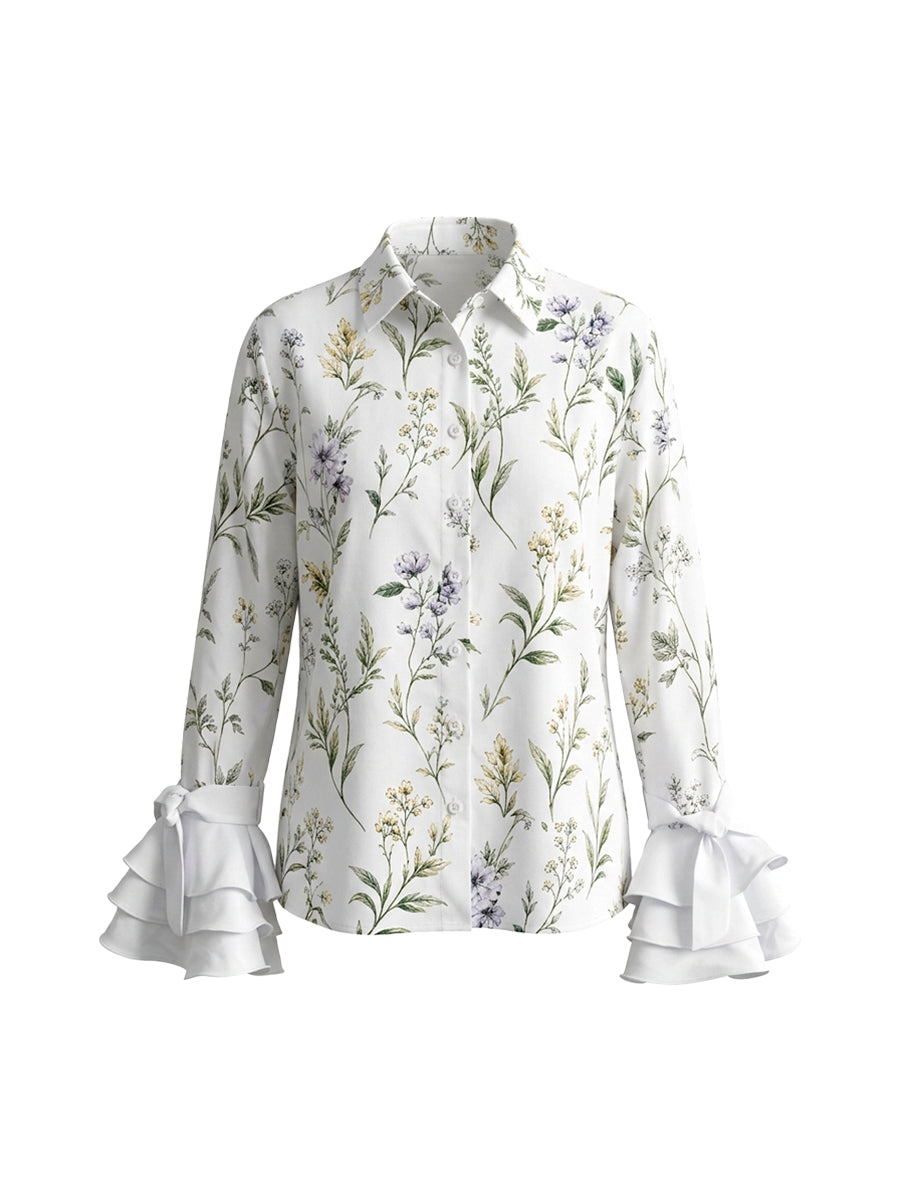 Long Sleeves Ruffle Sleeves Buttoned Flower Print Lapel Blouses&Shirts Tops