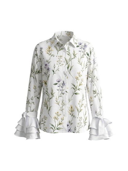 Long Sleeves Ruffle Sleeves Buttoned Flower Print Lapel Blouses&Shirts Tops