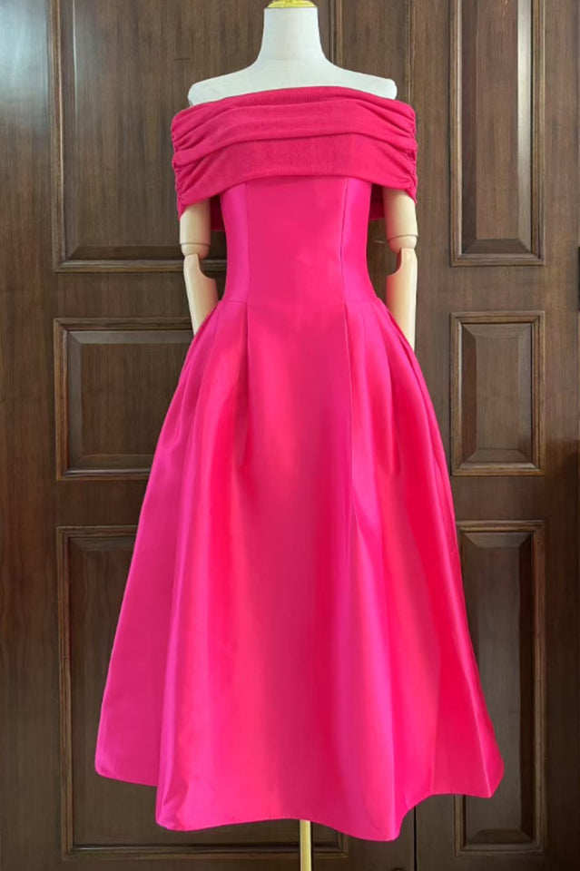 Vivian Off Shoulder Flare Satin Midi Dress