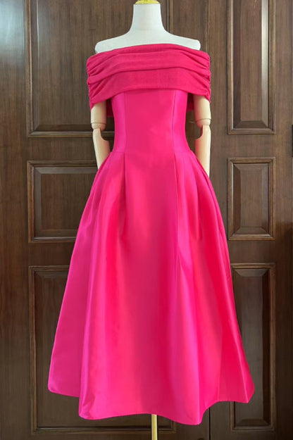 Vivian Off Shoulder Flare Satin Midi Dress