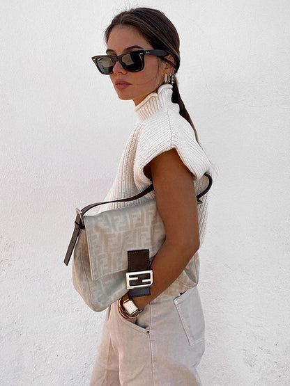 Casual Cap Sleeve Solid Color High-Neck Sweater Tops Pullovers