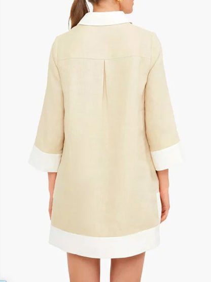 A-Line Loose Buttoned Contrast Color Pockets Stand Collar Mini Dresses