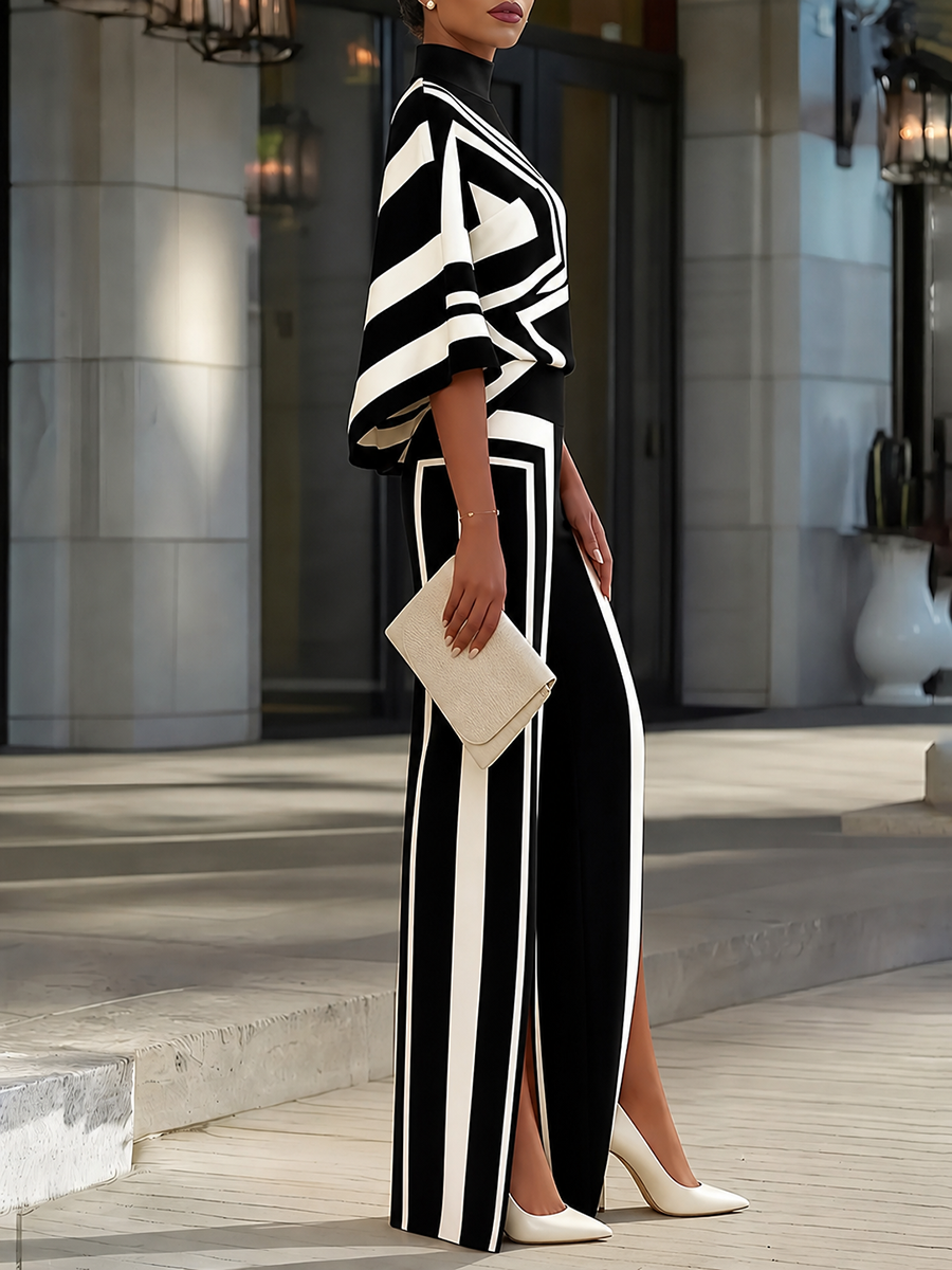 Striped Split-front Contrast Color Wide Leg High Waisted Trousers Pants