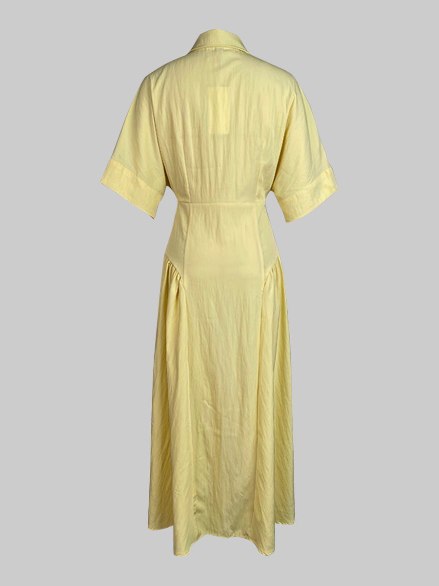 Loose Short Sleeves Buttoned Pleated Solid Color Lapel Collar Midi Dresses Shirt Dress