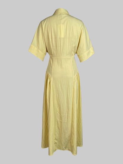 Loose Short Sleeves Buttoned Pleated Solid Color Lapel Collar Midi Dresses Shirt Dress