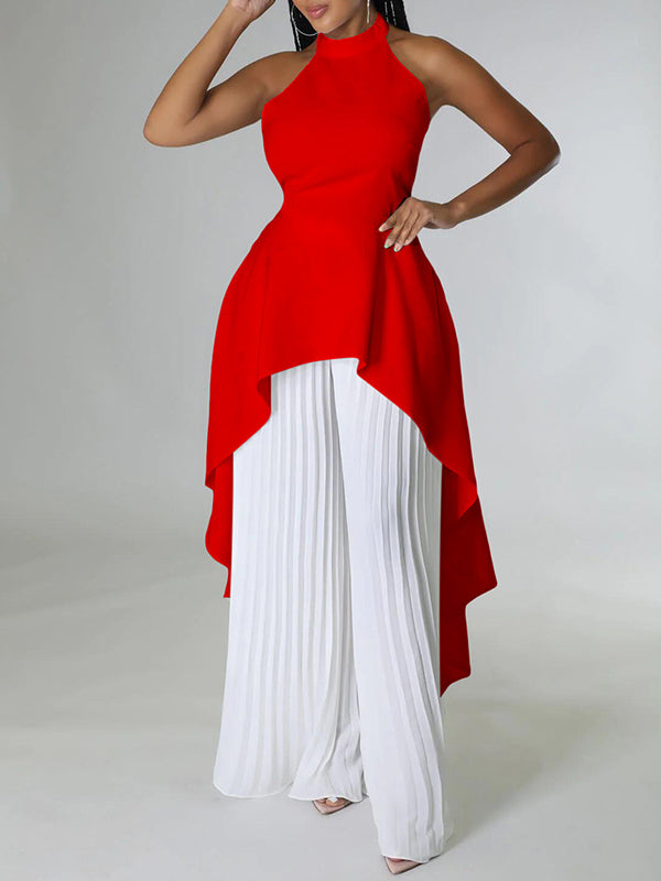 Ensemble deux pièces haut court et pantalon taille haute en dentelle à dos nu et col licou 